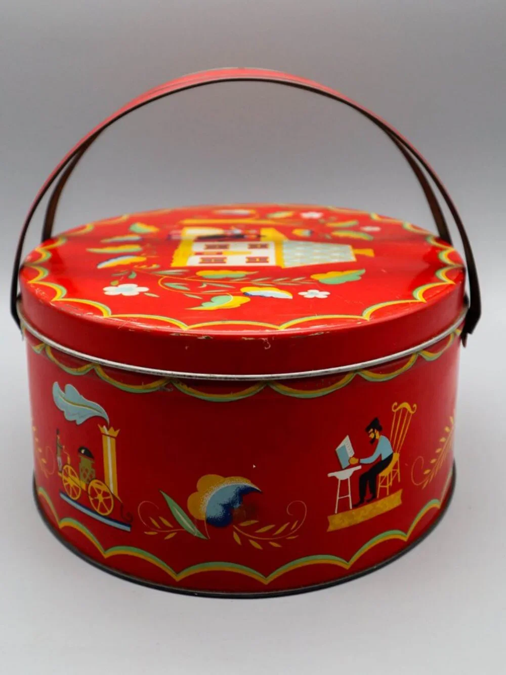 Vintage Pennsylvania Dutch Folk Art Storage Tin Sewing Basket w/ Swivel Handles